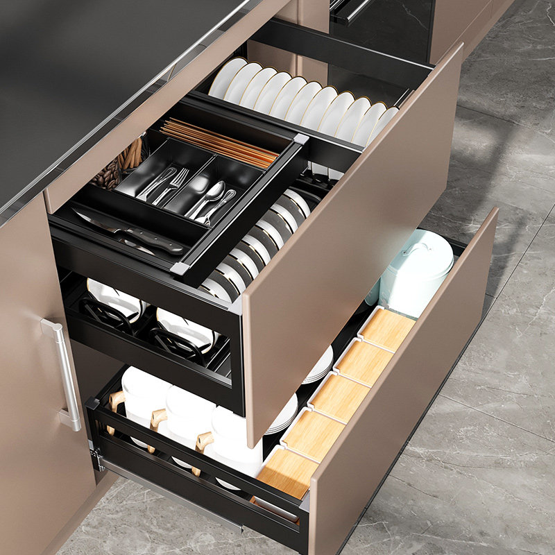 拉篮厨房橱柜三层抽屉式碗架太空铝抽中抽碗柜厨柜内收纳碗碟碗篮