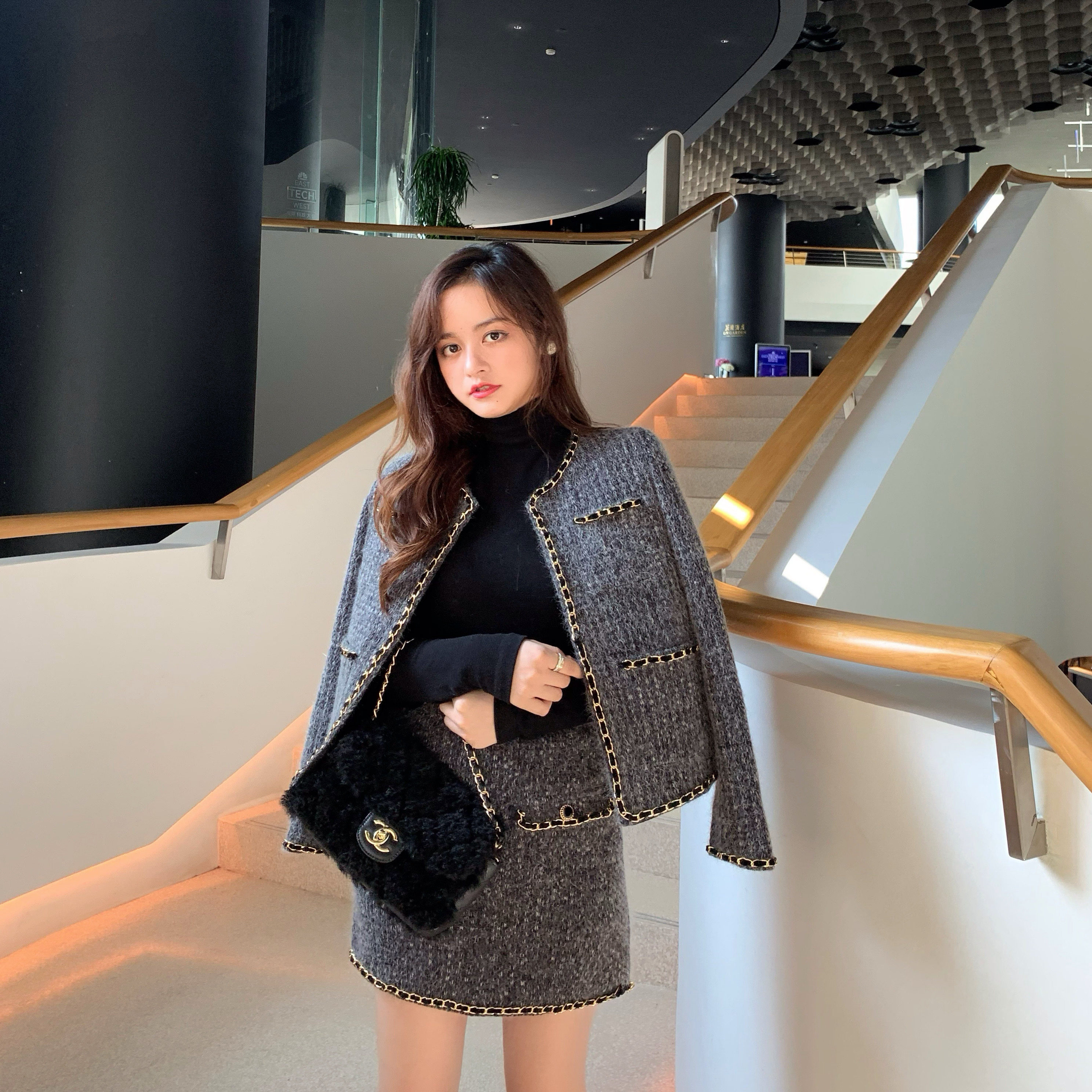 一折套装女冬两件套短裙_凡舒的店 洋气编织小香风外套半身裙短裙两件