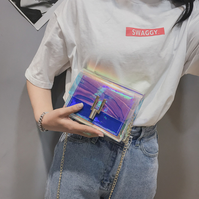 方包女包2018款时尚炫彩透明果冻镭射包包潮