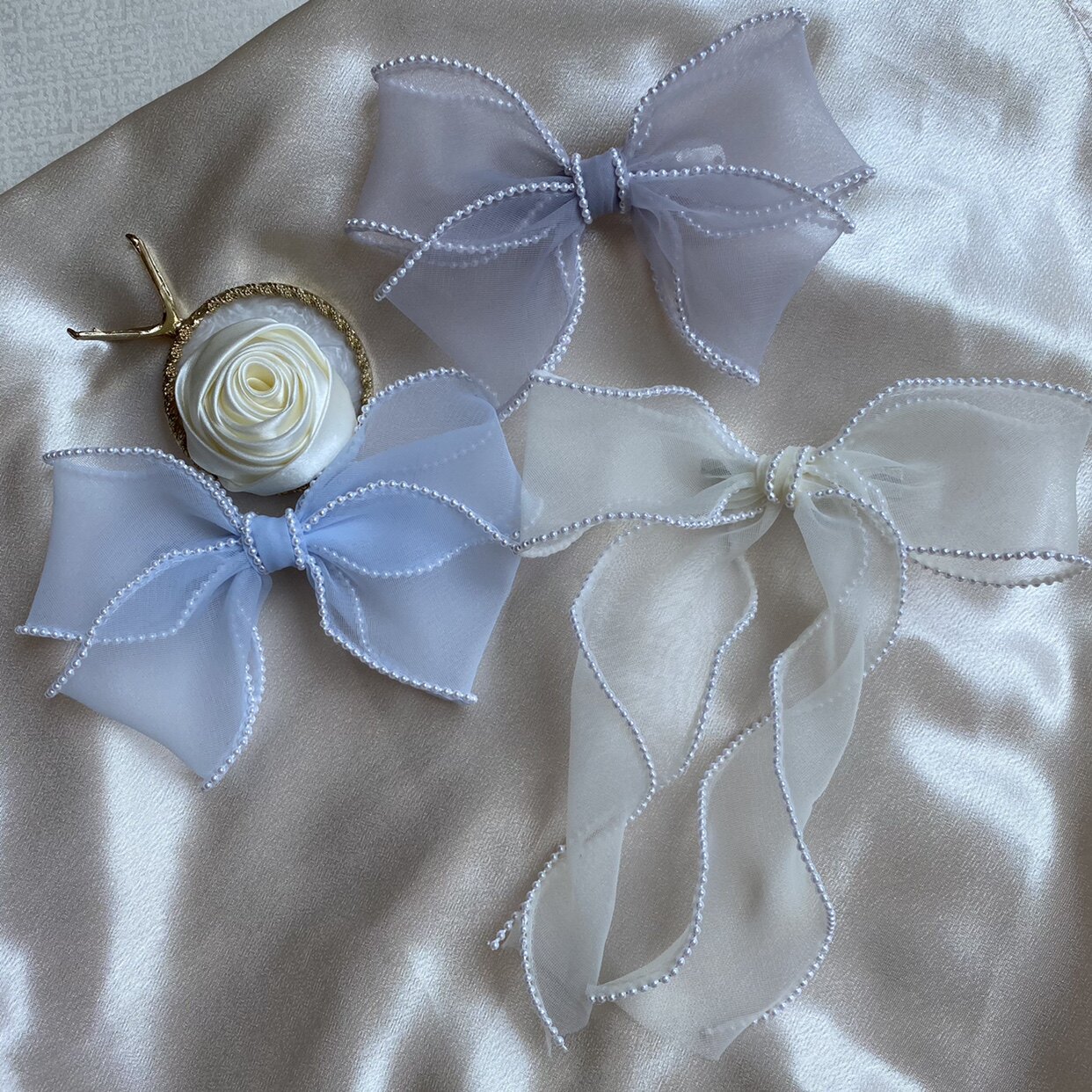 蓝色大蝴蝶结头饰超仙珍珠飘带发圈发夹女刘海夹白写真发饰配礼服