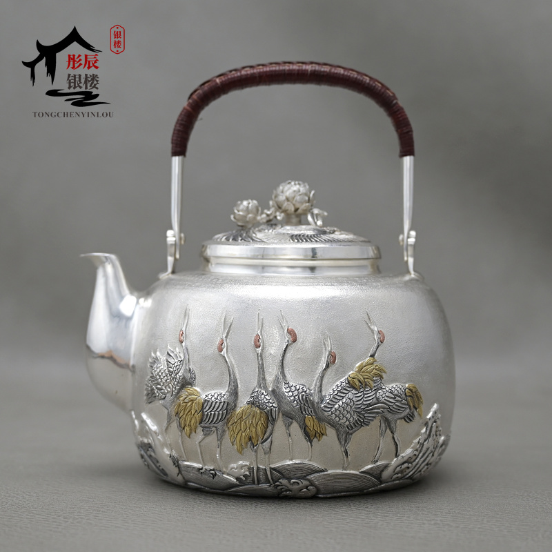 大师中式鹤舞纯银999煮茶银壶 手工一张打烧水壶家用茶具水壶茶道