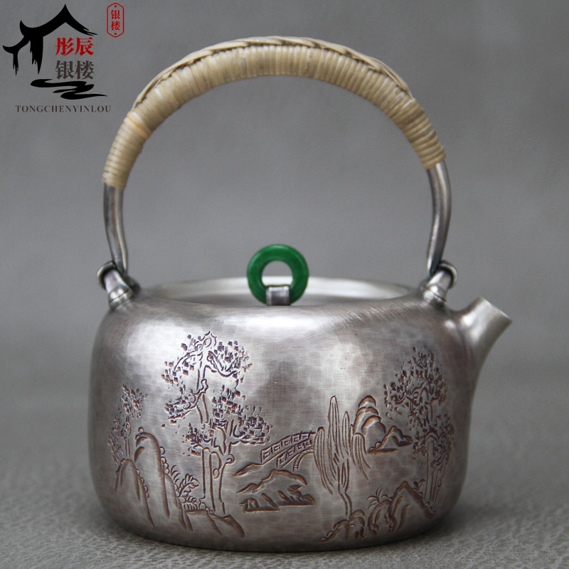 中式银壶纯银泡茶壶手工一张打山水提
