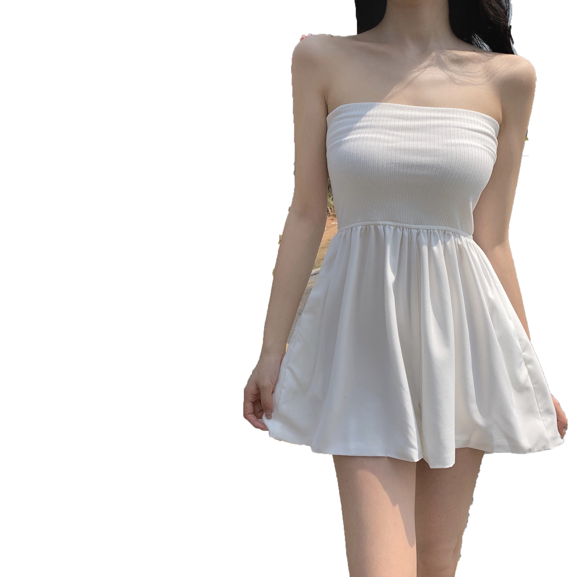 辣妹甜美连体裤裙女夏收腰气质白色抹胸短裙韩版复古小个子连衣裙