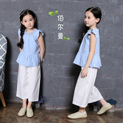 原创韩国女童棉麻无袖衬衫裤子两件套装中大童新款夏季儿童装套装
