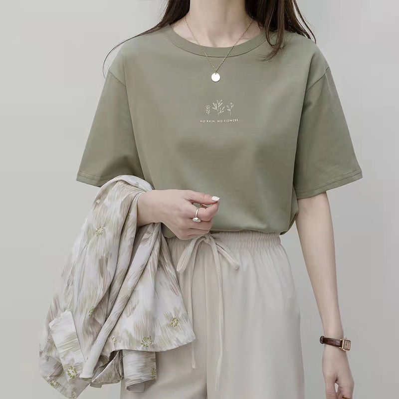 短袖韩版圆领t恤女夏季宽松植物印花休闲纯色打底衫上衣韩国女装