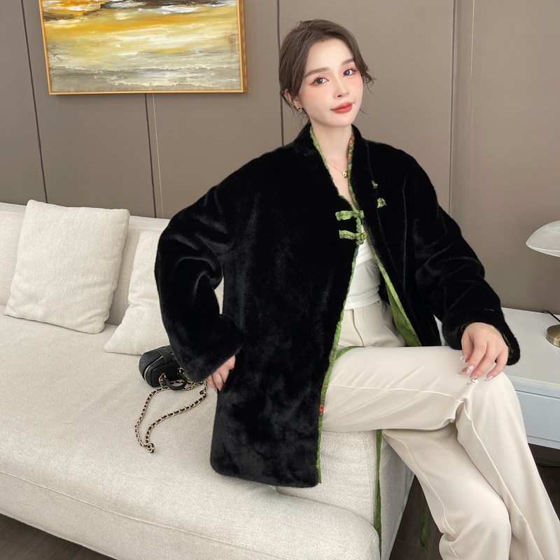 2022年新款貂皮大衣皮毛一体毛毛外套中国风气质名媛环保皮草女貂