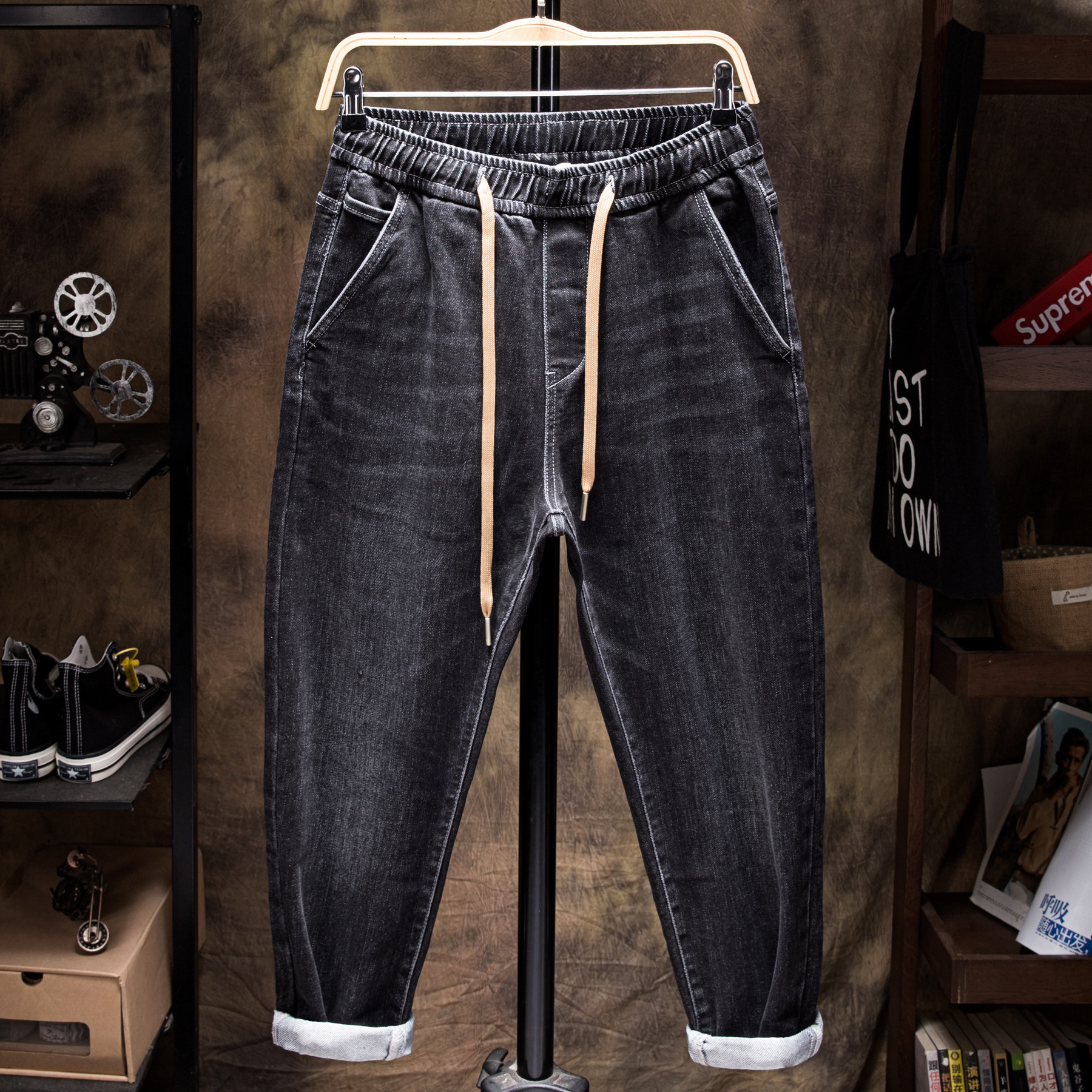 秋冬季松紧腰抽绳牛仔裤男装宽松加肥加大弹力潮胖子大码裤子男士