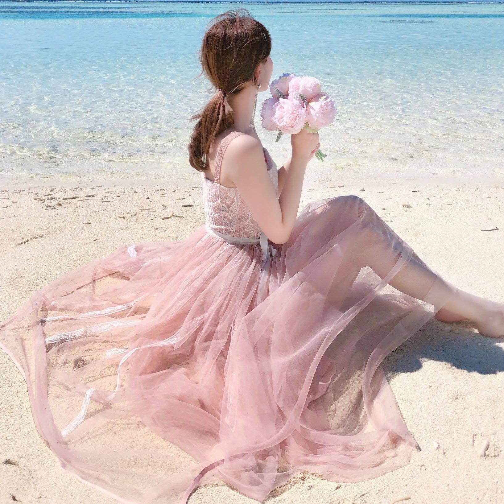 马尔代夫度假吊带梦幻网纱温柔仙女裙高腰连衣裙图片