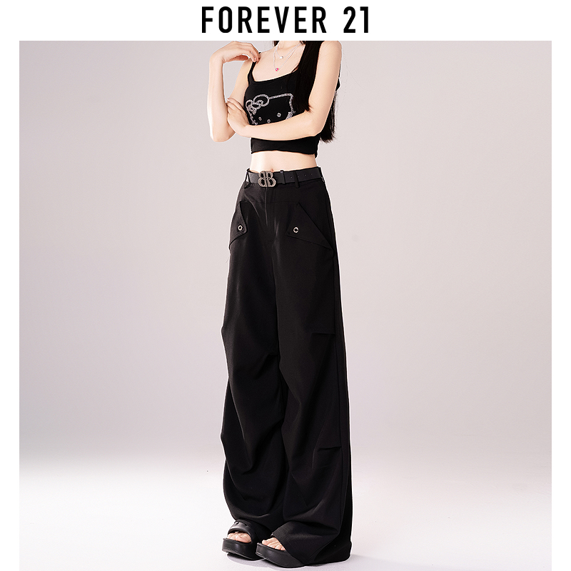 Forever 21黑色窄版阔腿裤女2024新款直筒休闲垂坠感西装裤子夏季