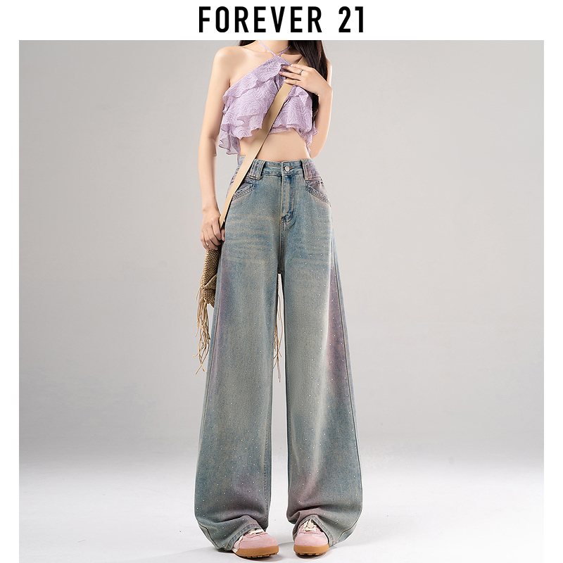 Forever 21重工烫钻牛仔裤女阔腿裤2024年春季新款高腰腮红拖地裤