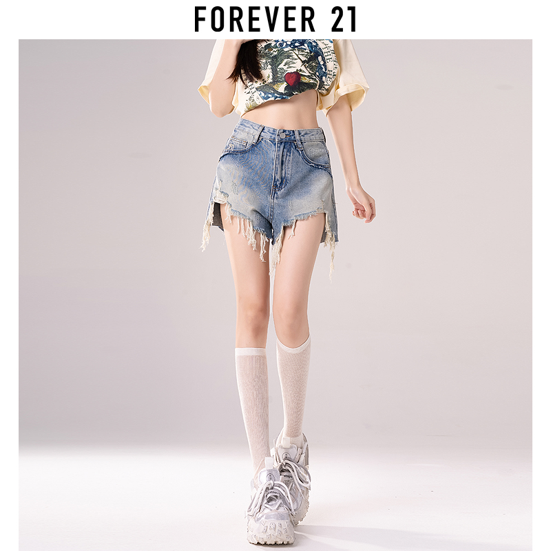 Forever 21复古辣妹牛仔短裤女夏季高腰显瘦设计感a字阔腿热裤子