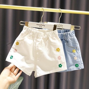 1-5岁女宝宝刺绣小花白色牛仔短裤3女童夏季女婴儿童可爱水洗热裤