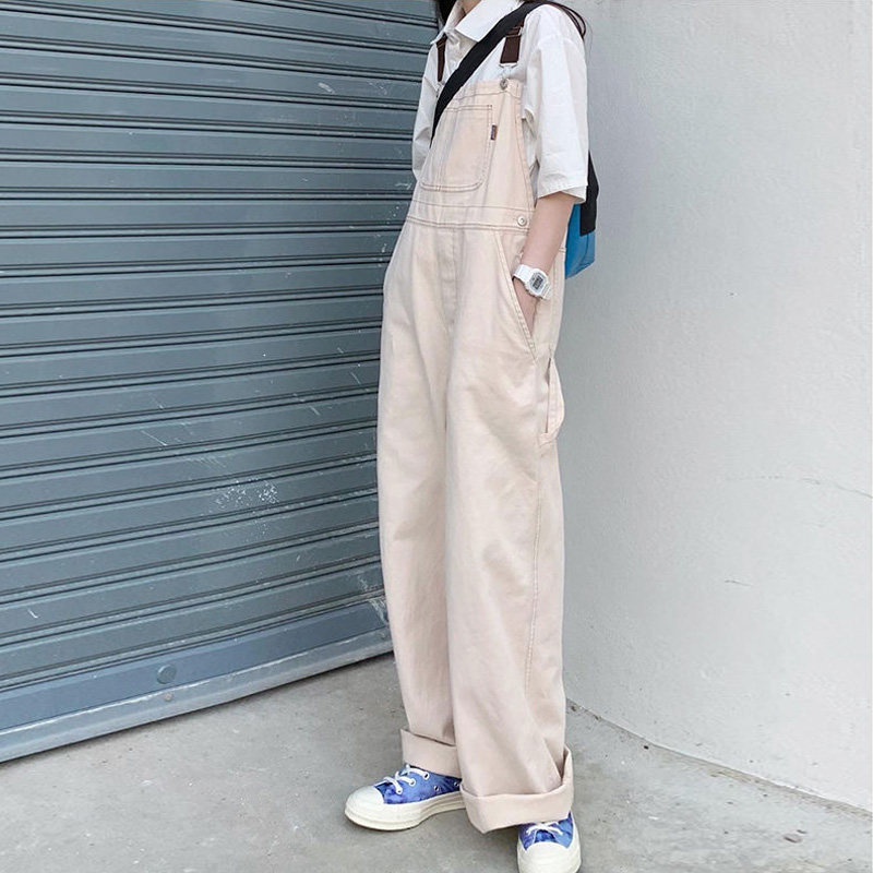 日系学生杏色工装背带裤女复古ins减龄港风潮口袋垂感拖地阔腿裤
