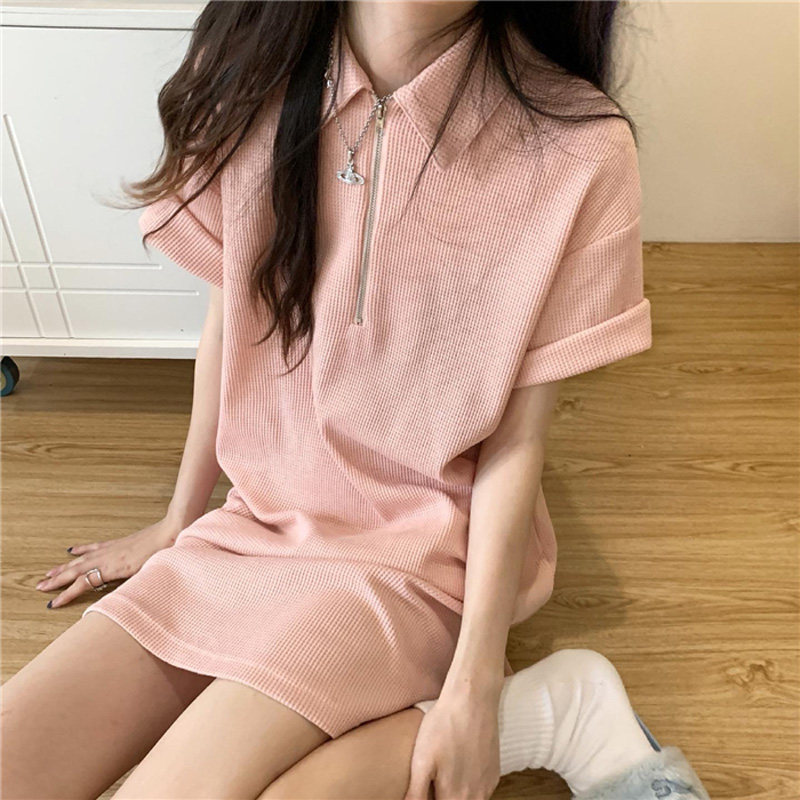 烟粉色连衣裙女日系工装风少女减龄polo领藕粉色裙子华夫格直筒裙