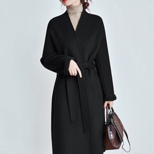 黑色显瘦气质双面羊绒羊毛呢子大衣中长款女宽松简约直筒毛呢外套