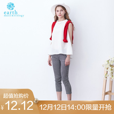 ¥12.12 earthmusic 甜美英伦格子修身显瘦薄款7分休闲裤女