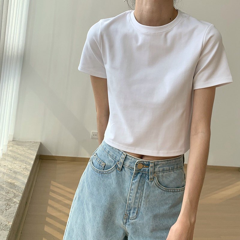 白色纯棉短袖t恤女2022ins高腰短款修身上衣女夏季小个子白t桖潮