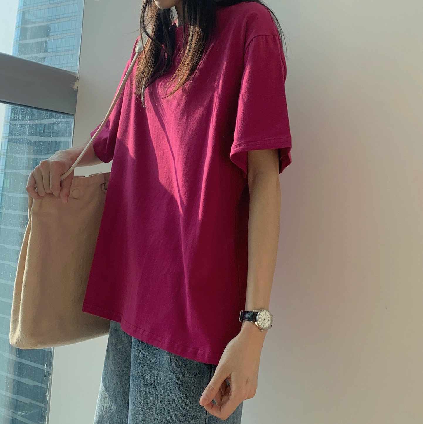 酒红色t恤女短袖宽松韩版