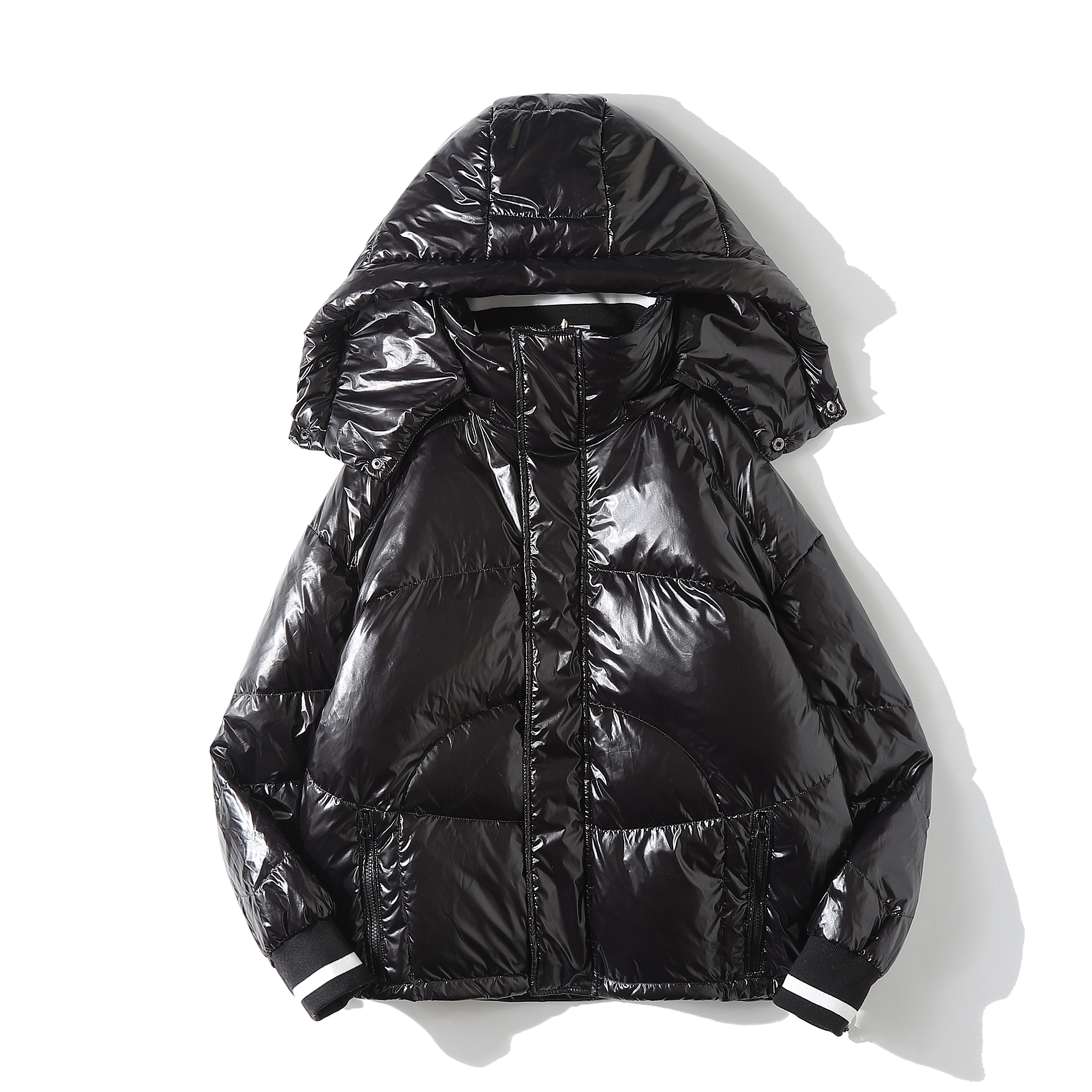 gczg亮面皮羽绒服男2022年美式加厚保暖连帽休闲冬季纯色加绒外套