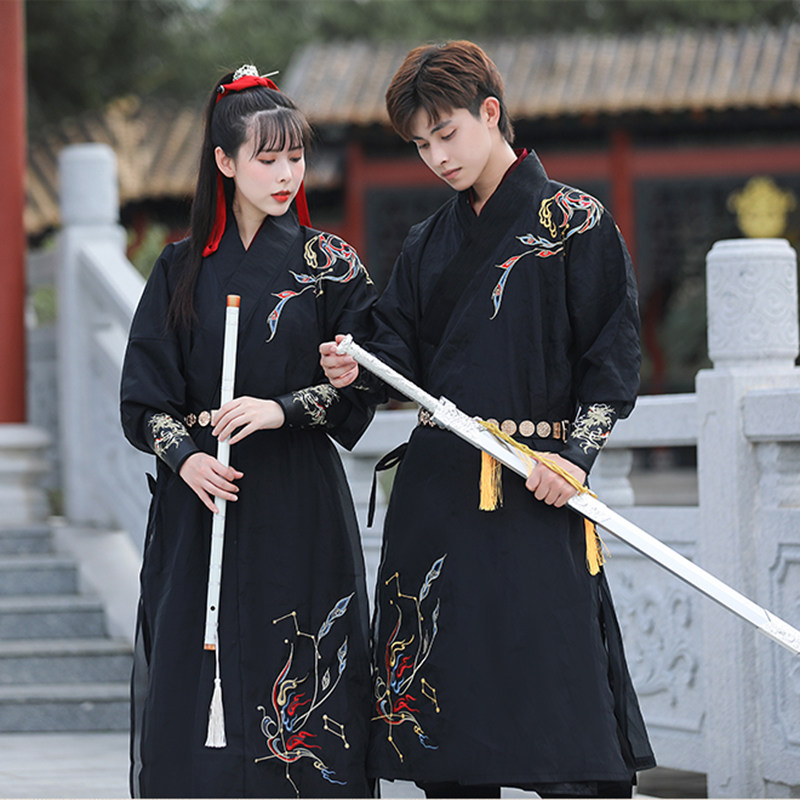 原创汉服男女款传统刺绣花cp情侣套装黑色交领锦衣卫侠客风表演服