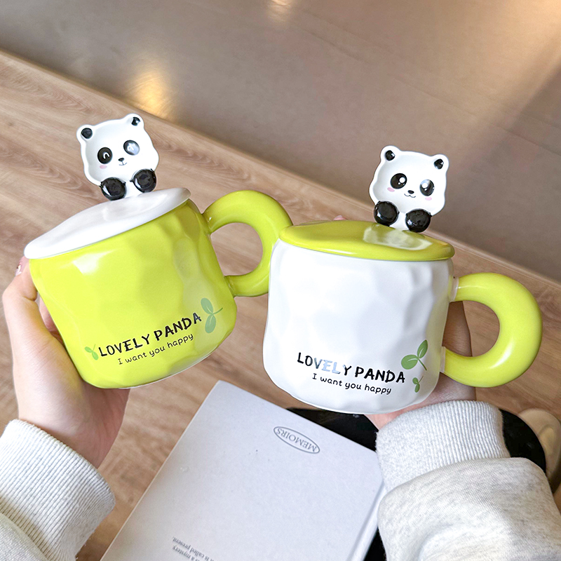 陶瓷马克杯高颜值带盖勺咖啡杯可爱熊猫情侣杯精致生日礼物杯子女