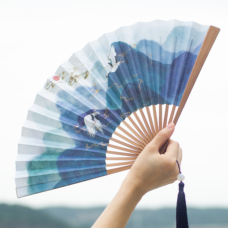 杂货-中国风古风原创蓬莱荷塘折扇双面水彩画8寸18方竹纸扇子男女汉服