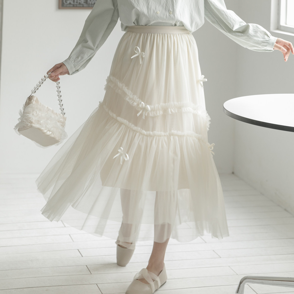 杏色网纱超仙半身裙2022春夏新款木耳边高腰显瘦仙女蓬蓬裙