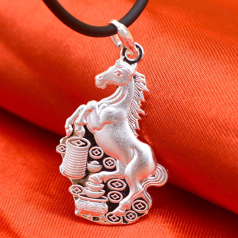 纯已久银饰 s99银实心吊坠 马上发财银坠 男士 马吊坠 银扣黑皮绳