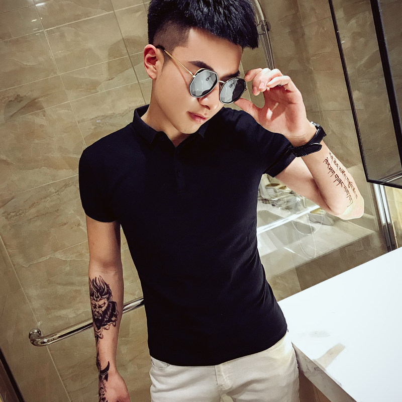 短袖t恤男修身翻领polo衫潮牌男生半袖社会精神小伙网红上衣纯棉