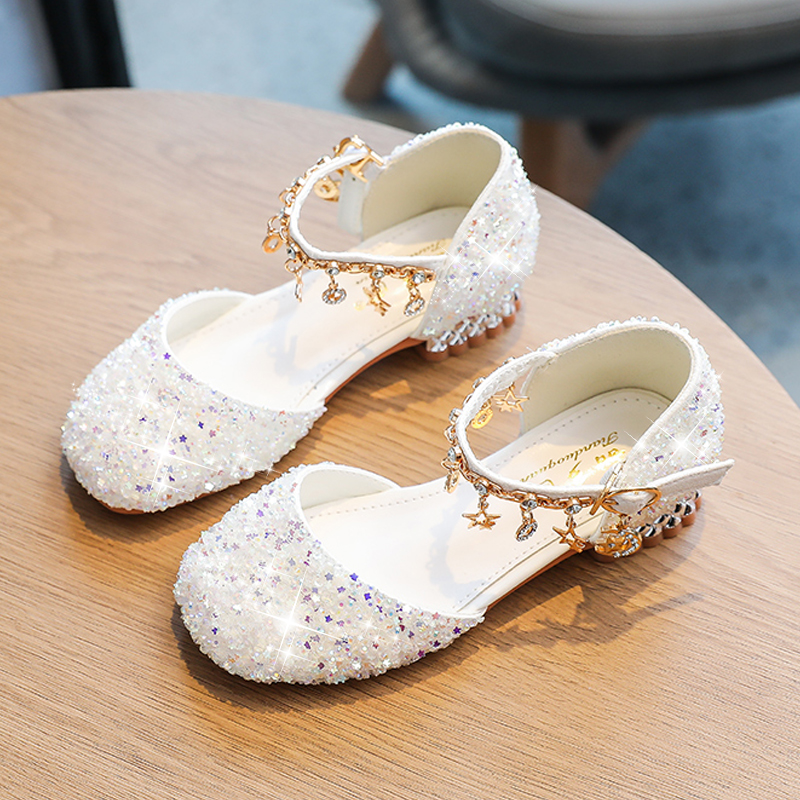 女童皮鞋白色公主鞋水晶鞋儿童高跟鞋银色礼服模特走秀比赛表演鞋