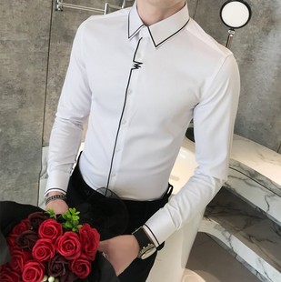 韩国春款拼色主持人紧身长袖尖领白色衬衫男修身婚礼伴郎高端衬衣