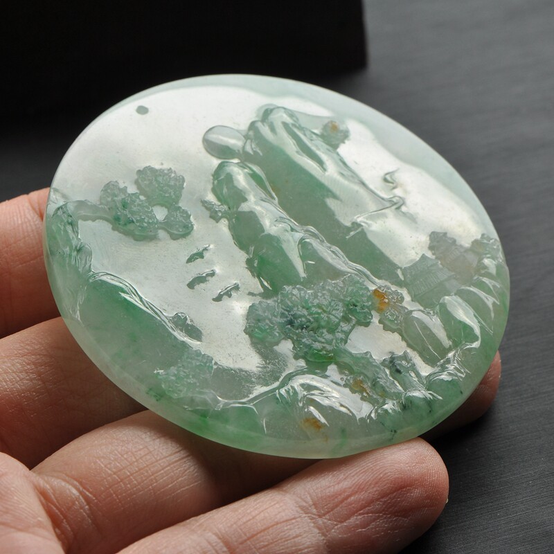 灵动珠宝 湖山归隐图 冰种小三彩唯美山水意境圆牌翡翠a货挂件