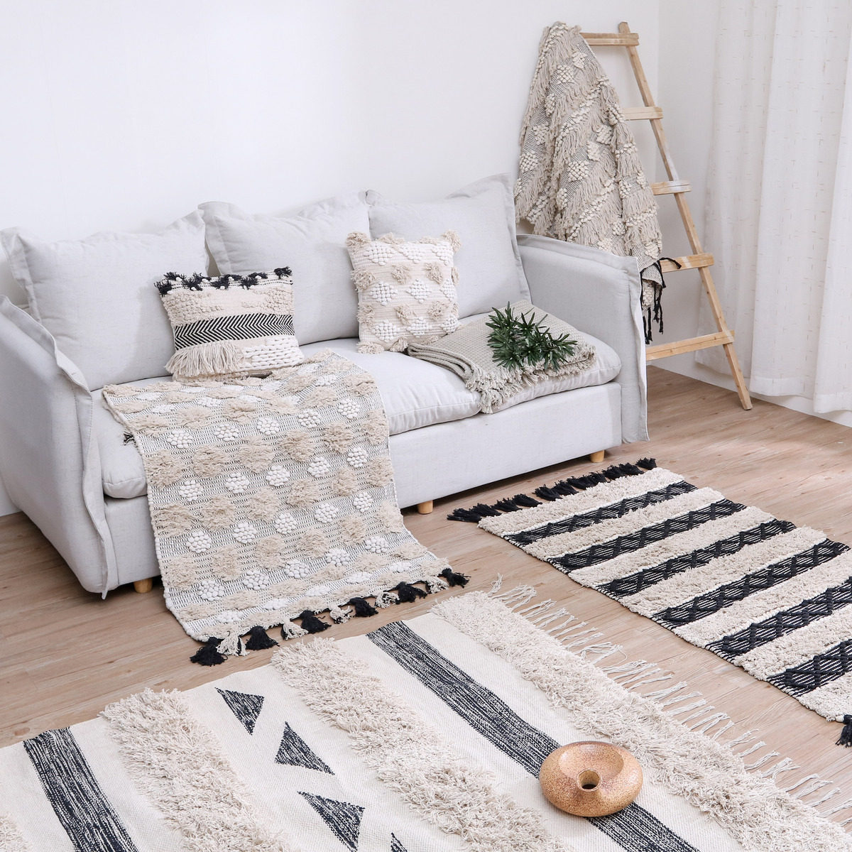 印度手工纯棉编织地毯黑白摩洛哥床边长条地毯可机洗地垫吸水门垫