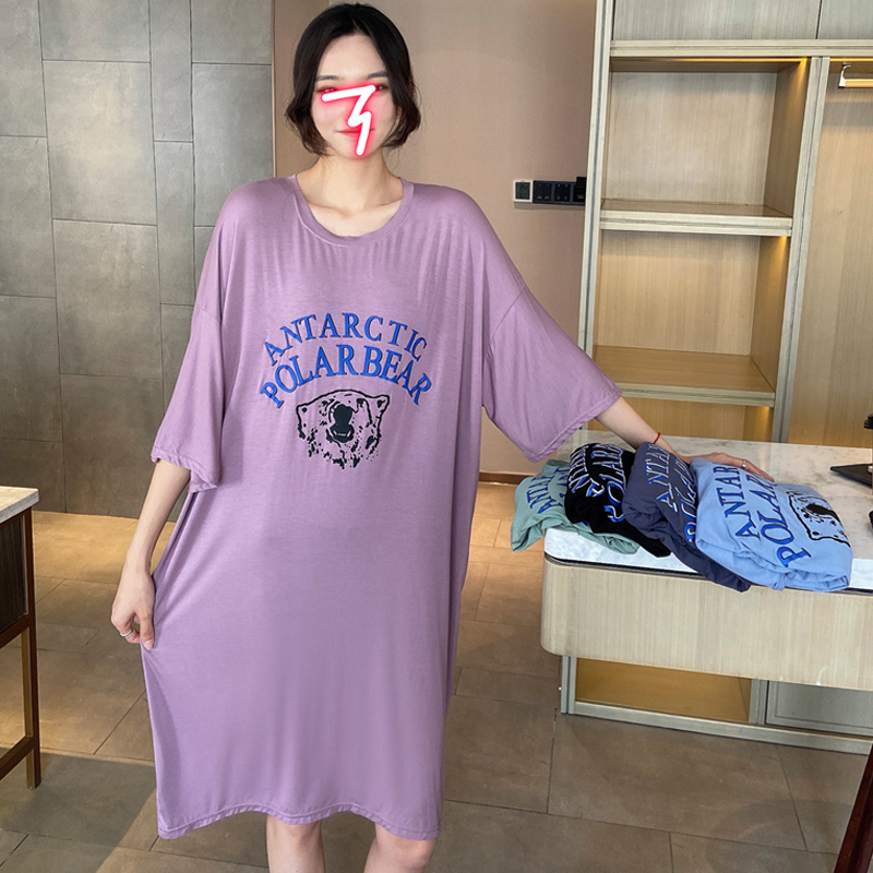 夏季连衣裙胖mm大码韩版宽松印花短袖睡裙女哺乳孕妇家居服中长裙