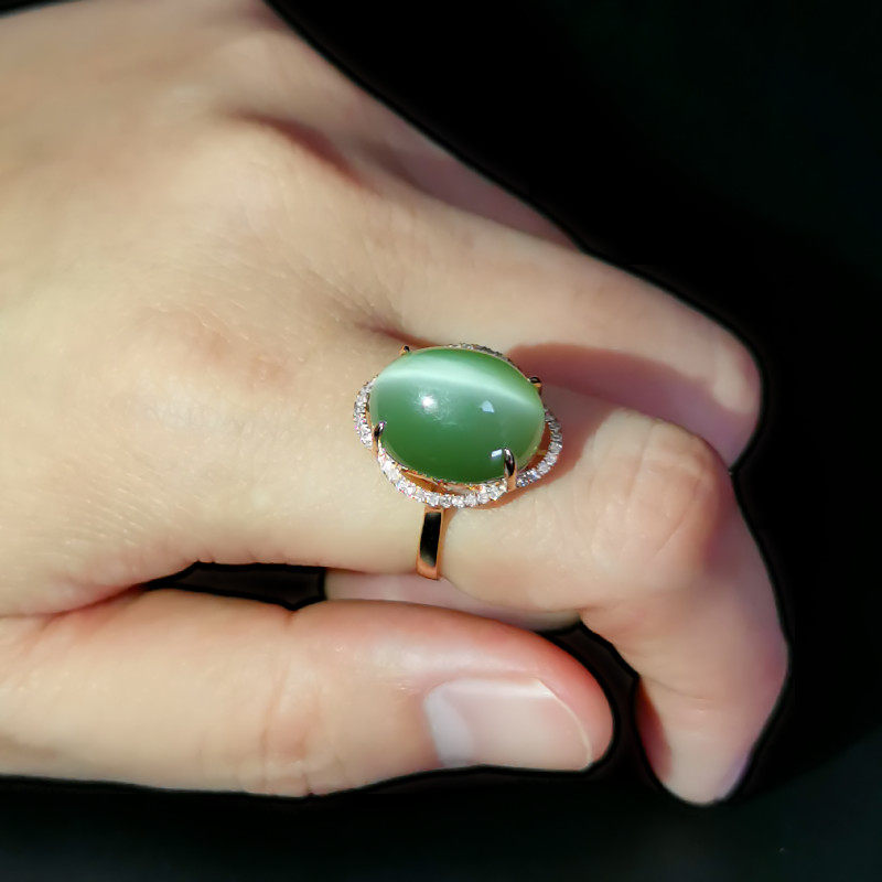 天然碧玉猫眼戒面戒指台湾猫眼石绿色