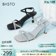 百思图夏季新款商场同款闪钻一字带细跟高跟鞋女凉鞋MB232BL3