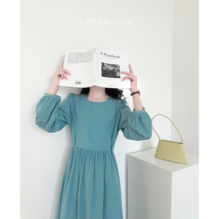 ramesse|秋波蓝 法式盐系少女灯笼长袖连衣裙纯色系结收腰长裙秋
