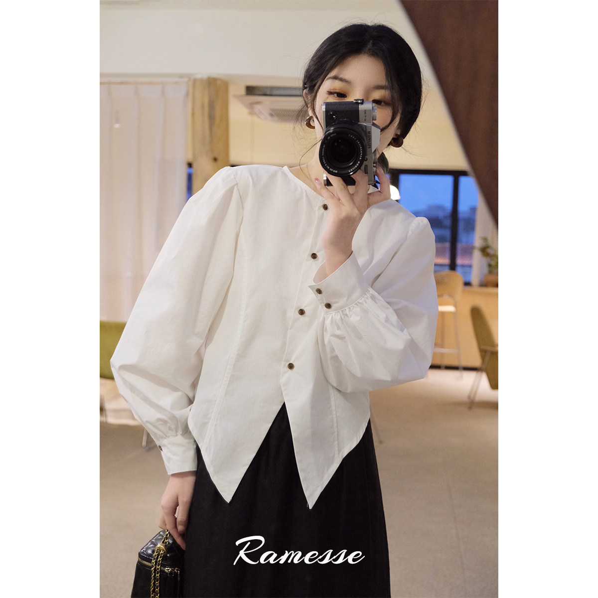 ramesse | 欧式宫廷风 白色尖角下摆设计灯笼袖圆领收腰长袖衬衫