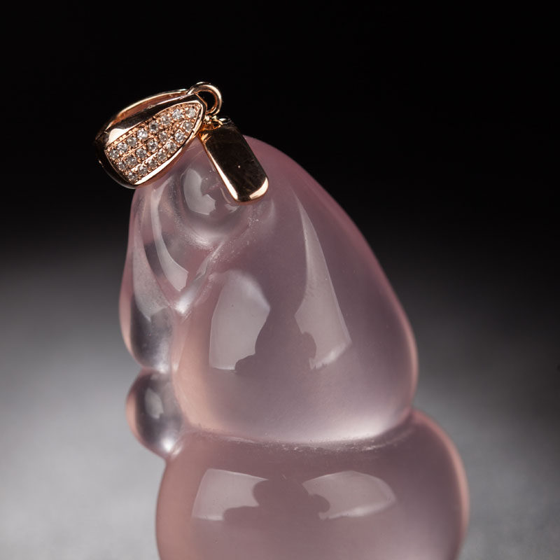 收藏精品 天然全美莫桑比克粉晶伴镶18k金20颗钻石吊坠精雕葫芦
