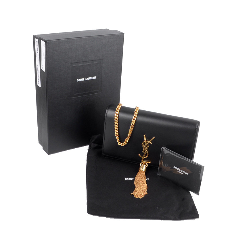 [9.9新]未使用圣罗兰ysl经典katex系列黑色真皮金色流苏链条钱包