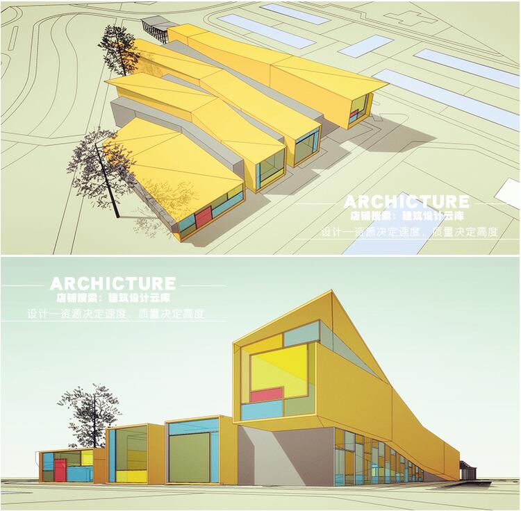 国外现代/长条形盒子体块组合博物馆展览馆艺术馆建筑方案/su模型