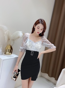 V-neck low cut slim irregular lace patchwork buttocks up dress