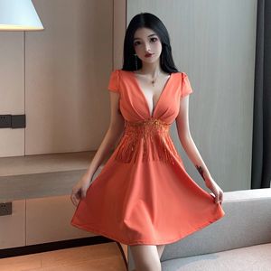 Low cut short sleeve tassel patchwork large hem dress