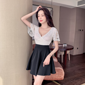 Real shooting sexy V-neck low chest big swing dress lace short sleeve night work clothes