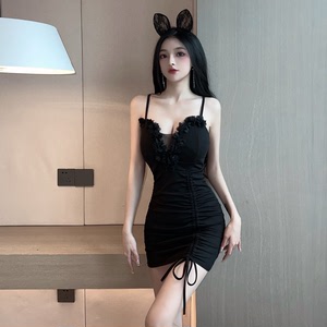 Real shooting of new suspender perspective Petal Dress Sexy drawstring Hip Wrap Skirt