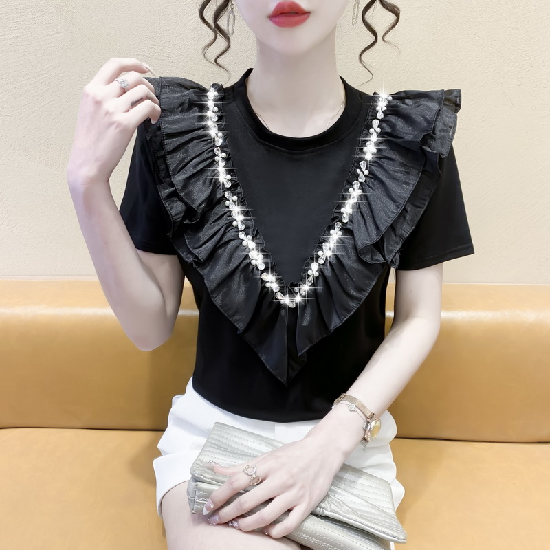 PF17082#重工女2024新款荷叶边镶钻圆领短袖T恤超火女裝貨源服裝批發