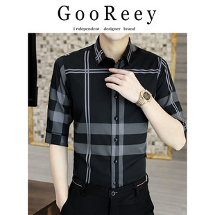 GooReey!夏季2024新款中袖格子衬衫男士短袖韩版修身免烫休闲衬衣