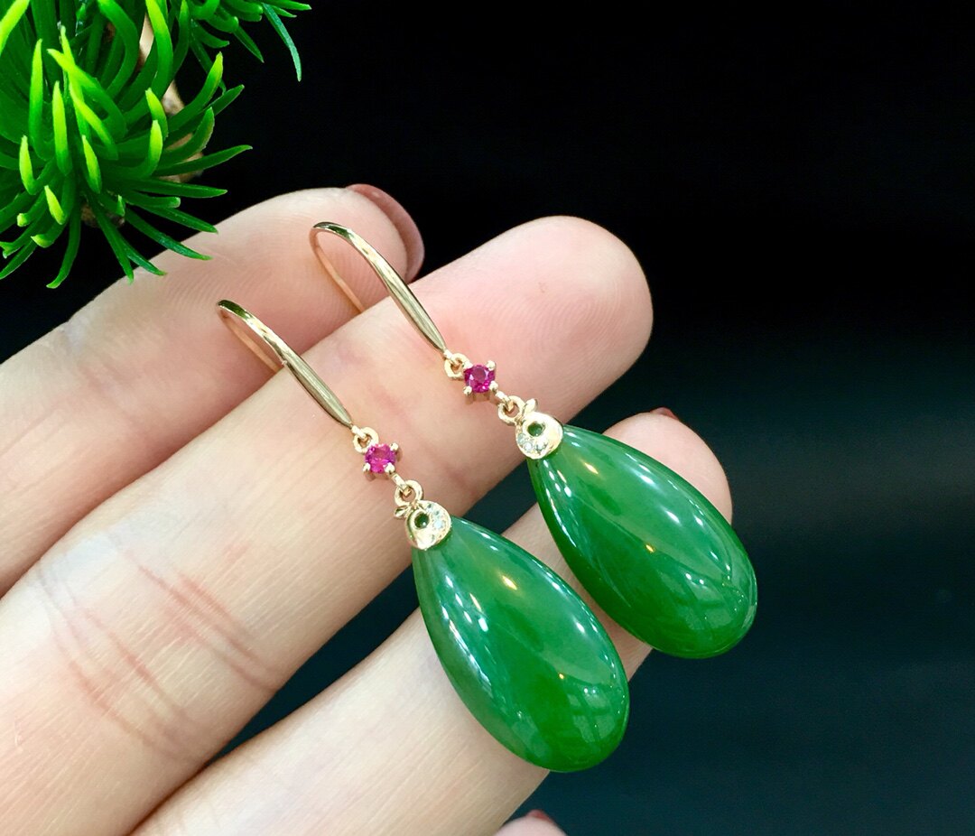 母亲节新品和田玉耳环女菠菜绿碧玉水滴镶嵌18k金耳坠送老婆妈妈