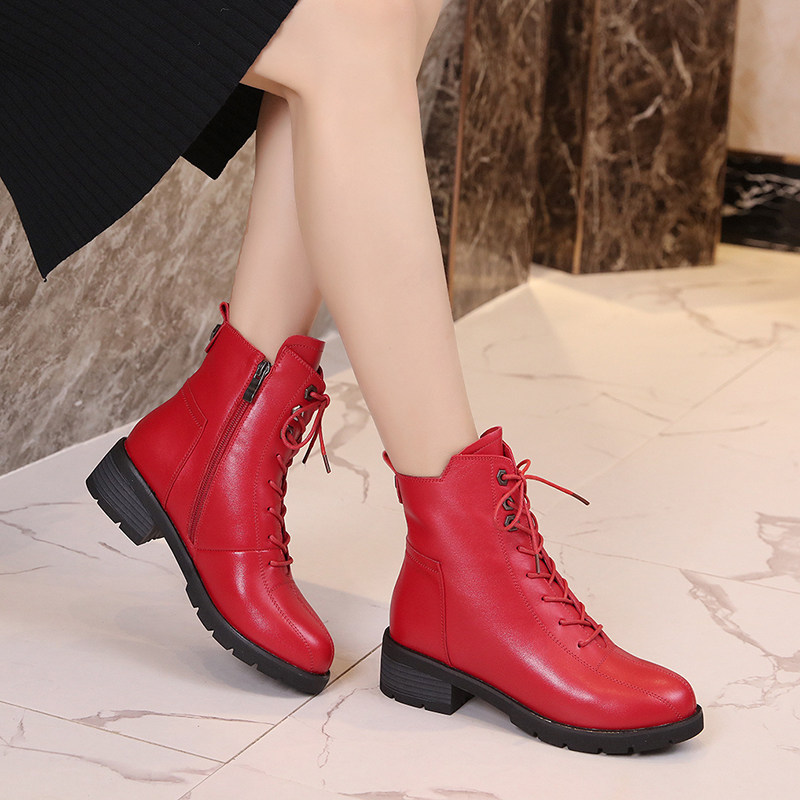 短靴 平底_2019秋冬新款马丁靴女真牛皮中筒靴子英伦风红色短靴加绒