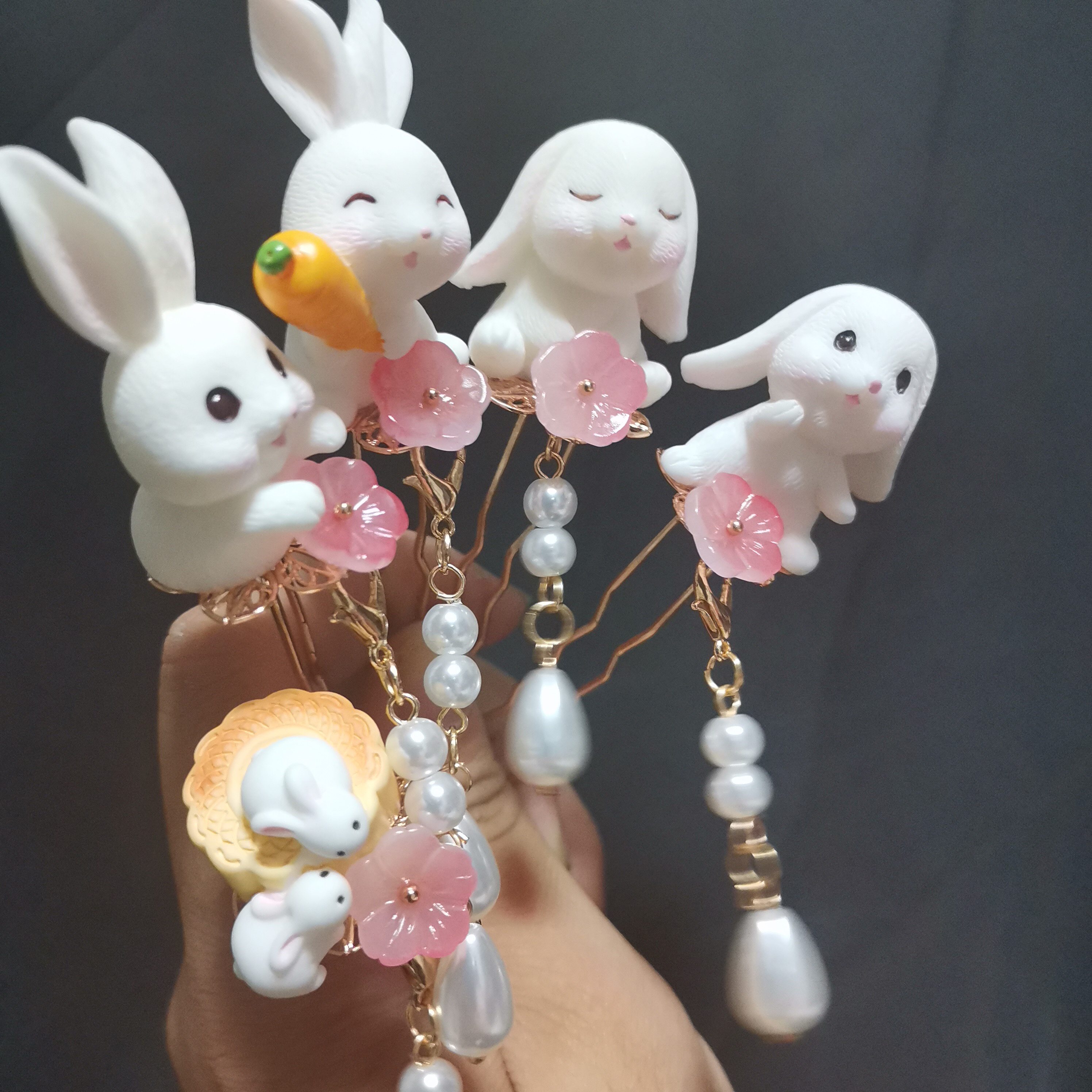 兔子发簪发钗汉服头发饰簪子中秋月桂饼流苏步摇可爱发夹儿童古风